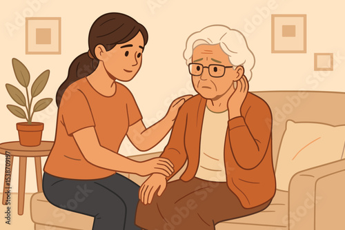 Young woman comforting sad senior mother. Daughter supporting elderly parent with depression. Caregiver helps lonely grandmother. Empathy, mental health and family support concept.