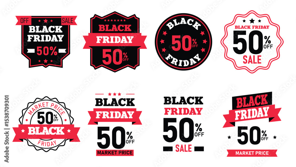 Obraz premium Various Black Friday promotional banners showcase discount percentages and sale announcements in a minimal vector design.
