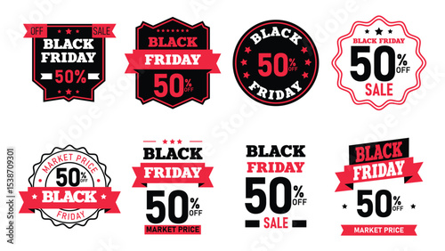 Various Black Friday promotional banners showcase discount percentages and sale announcements in a minimal vector design.