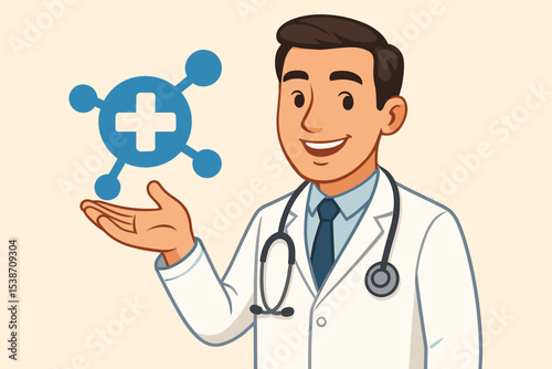 Friendly male doctor character presenting a medical network icon. Concept of virtual healthcare consultation, telemedicine, and online medical services for modern digital health.