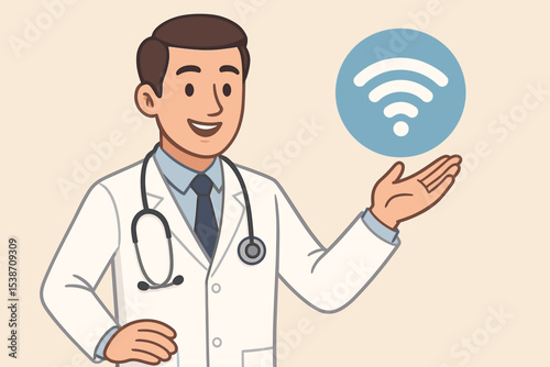 Friendly doctor character with stethoscope presenting Wi-Fi symbol. Concept for telemedicine, telehealth, virtual healthcare, online consultation, and remote medical services. E-health vector.