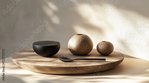 Wooden Crafts Spherical Vessels and Bowl on Oak Tray, Minimalist Home Decor