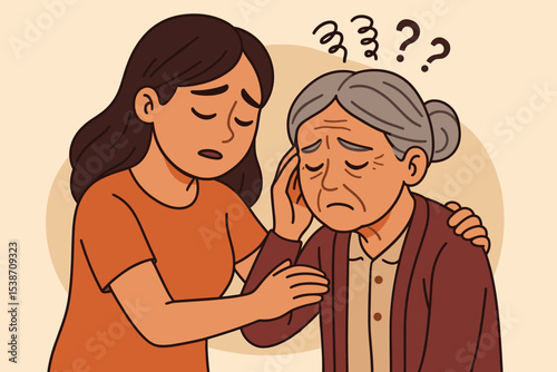 Daughter comforting senior mother with dementia or Alzheimer's disease. Concept of memory loss, confusion, and family support. Healthcare vector of a confused elderly woman.