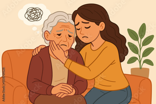 Daughter comforts elderly mother with Alzheimer's disease. Woman supports sad senior with dementia. Concept for memory loss, caregiver support, mental health, and family love.