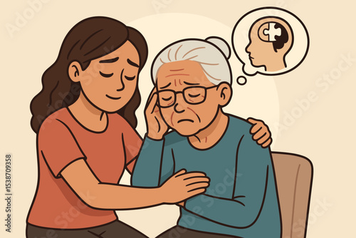 Daughter comforts senior mother with dementia. Alzheimer's disease, memory loss concept. Sad elderly woman with neurological brain disorder. Family caregiving, support, and empathy.