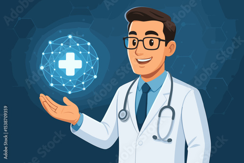 Friendly male doctor presenting a glowing digital health network symbol. Concept for telemedicine, virtual consultation, online healthcare, and medical technology innovation vector.