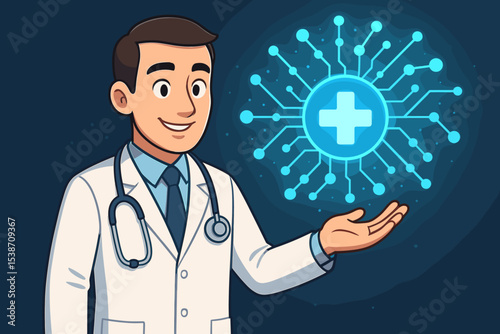 Male doctor cartoon character presenting a glowing digital health symbol. Futuristic medicine concept. Telehealth, telemedicine, AI diagnosis, online virtual healthcare innovation.
