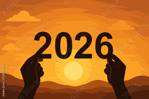 Happy New Year 2026 greeting concept. Silhouette of hands holding up the year numbers against a beautiful sunset or sunrise. Metaphor for new beginnings, hope, and future opportunities.