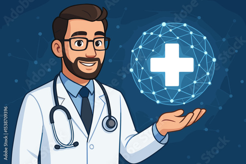Digital health concept with friendly doctor holding medical cross in network sphere. Vector for telemedicine, e-health, online consultation, futuristic medical technology, global care.