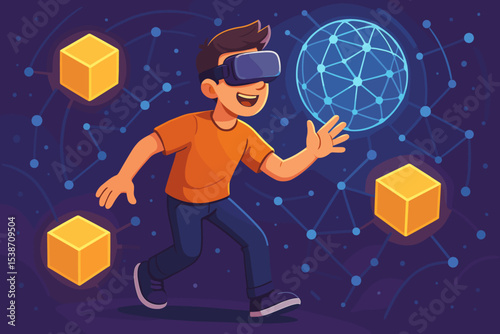 Metaverse concept with a young man wearing a VR headset. Happy character exploring a virtual reality world. Future technology, innovation, immersive gaming and digital adventure.