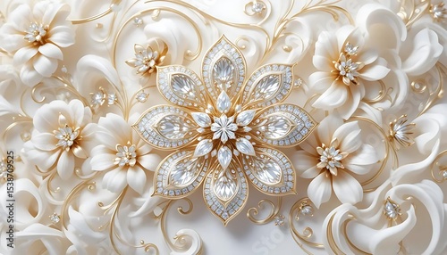 Elegant white flowers with gold accents and crystal embellishments in luxurious 3D style. Perfect for wedding decor, luxury branding, or background designs.