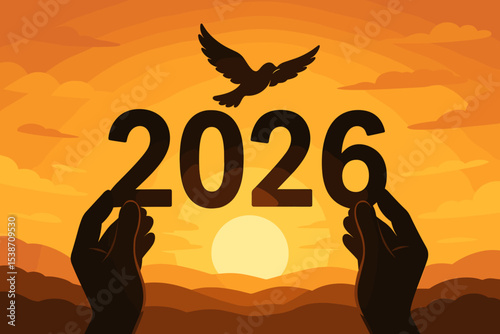 New Year 2026 concept with hands holding numbers against a sunrise. Silhouette of a dove of peace flying, symbolizing hope, a new beginning, freedom, and a better future.