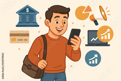 Man using mobile banking app on smartphone for digital finance and marketing. Concept of fintech, online payment, investment analysis, and business growth. Flat vector illustration.