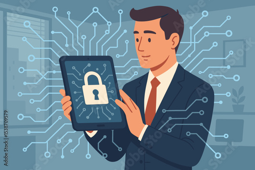 Cyber security concept with businessman holding tablet with padlock icon. Data protection and internet privacy technology. Digital information network system security vigilance.