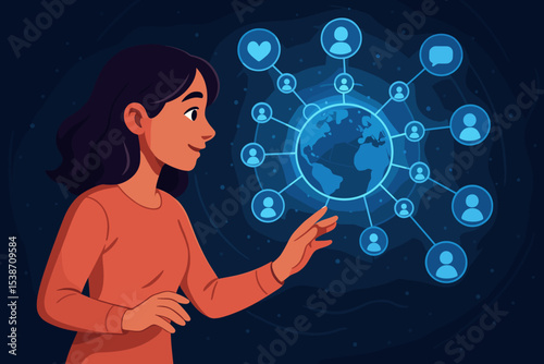 Woman interacts with global social media network on virtual screen. Concept of digital communication, internet community, and online connection. People worldwide connecting through technology.