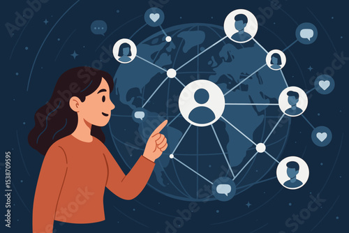 Woman interacting with a global social media network. Concept of digital communication, online community, and worldwide connections. Technology and marketing vector illustration.