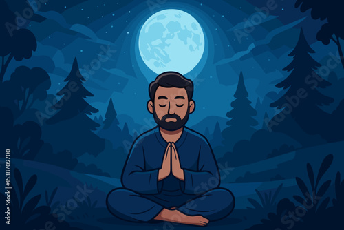 Calm man meditating in lotus pose at night. Mindfulness and spiritual practice in nature under a full moon. Concept for relaxation, mental health, inner peace, and Zen.