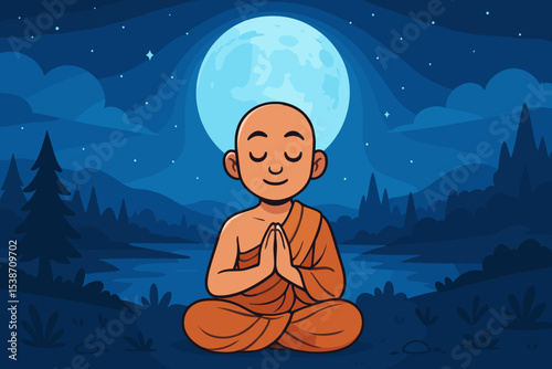 Peaceful Buddhist monk meditating in lotus pose under a full moon. Cartoon character for spiritual mindfulness, zen practice, and wellness. Serene night landscape vector illustration.