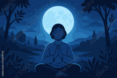 Peaceful woman meditating in lotus pose at night. Serene yoga practice in nature under a full moon. Mindfulness and spiritual wellness concept. Calm landscape vector illustration.