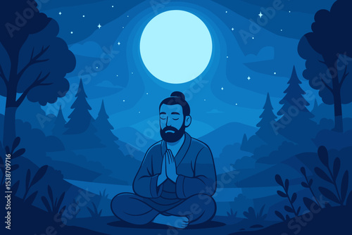 Man meditating in nature at night. Yogi character in lotus pose under the full moon for mindfulness and spiritual practice. Serene zen concept for harmony, balance, and peace.