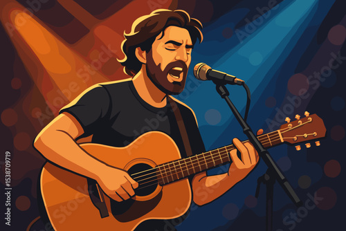 Passionate singer-songwriter performing on stage. Bearded musician singing into a microphone and playing acoustic guitar at a live music concert. Folk or country show concept vector.