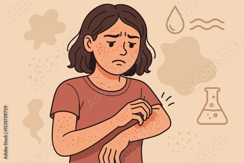Woman scratching itchy arm with red rash. Concept of skin allergy, eczema, or atopic dermatitis. Allergic reaction to chemicals or food. Dermatology and skincare problem vector.