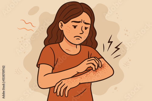 Woman suffering from skin irritation, scratching an itchy rash on her arm. Concept of eczema, dermatitis, psoriasis, or allergic reaction. Dermatology and skincare problem vector.