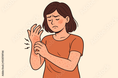 Allergic reaction concept. Unhappy woman scratching itchy hand covered in a red rash. Person with skin irritation, eczema, or dermatitis symptoms. Dermatology and healthcare problem.