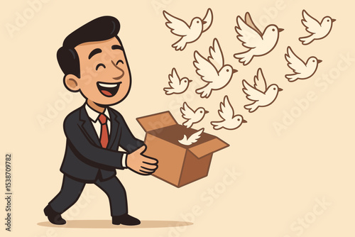 Think outside the box concept with a businessman releasing birds from a cardboard box. Metaphor for creative idea, innovation, new beginnings, freedom, business solution, and breakthrough.