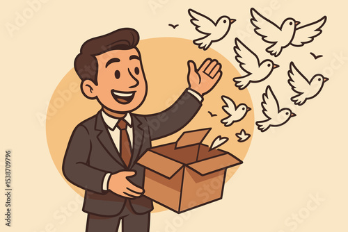 Think outside the box metaphor. Businessman releasing birds from a package. Creative breakthrough, innovation, freedom, and new ideas concept. Entrepreneur unleashing potential.