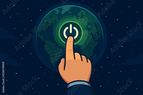 Earth Hour concept with a finger pressing a glowing power button on the planet Earth. Global energy saving, conservation, sustainability and environmental awareness vector illustration.