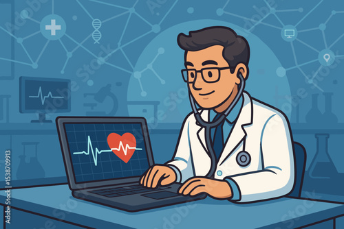 Cardiologist doctor analyzing heartbeat data on a laptop computer. Telemedicine and e-health concept. Medical professional checking ECG, EKG pulse for cardiovascular diagnosis.