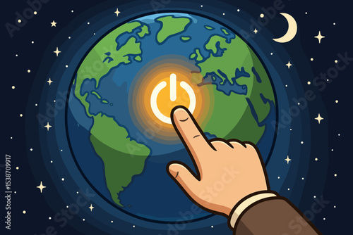 Earth Hour conceptual illustration. Hand turning off a glowing power button on planet Earth. Global energy conservation, saving electricity, and sustainability. Environmental awareness.
