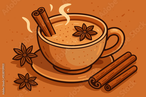 Hot cup of Indian masala chai tea with spices. Vector illustration of a warm, cozy autumn beverage with cinnamon and star anise. Aromatic drink for a cafe or restaurant menu.