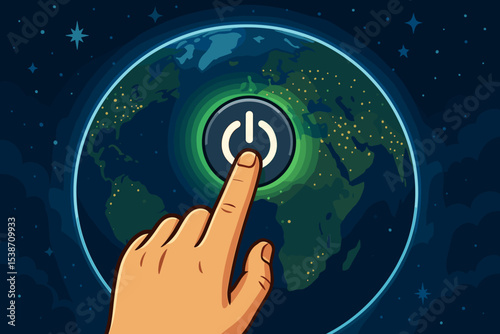 Earth Hour concept vector illustration. Hand pushing a power button on planet Earth. Global energy conservation, electricity saving, and climate change awareness campaign concept.