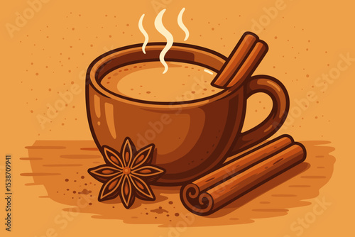 Steaming cup of traditional Indian masala chai with cinnamon and star anise. Aromatic hot spiced tea beverage vector illustration for cafe menu, cozy autumn or winter concept.