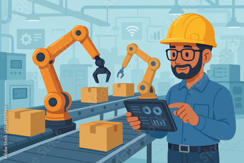 Engineer controlling robotic arm in smart factory. Industry 4.0 concept with worker using tablet for automation. Manufacturing production line with conveyor belt and boxes.