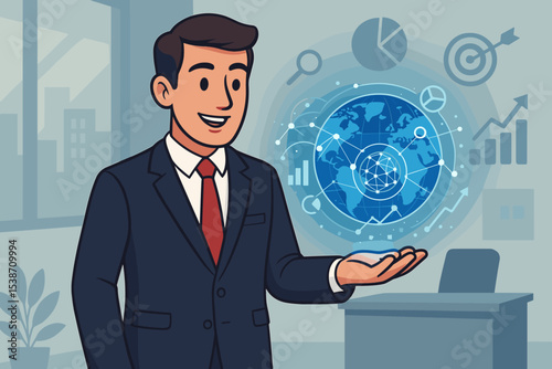 Businessman with holographic display showing global data, charts, and graphs. Concept for futuristic business intelligence, financial strategy, market analysis, and innovation.