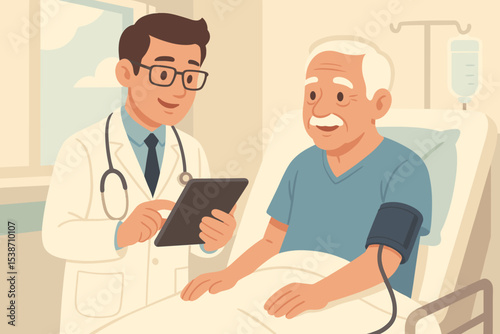 Doctor checking elderly patient's blood pressure in hospital. Male physician with tablet consults senior man. Medical examination, hypertension check, cardiology, geriatric care.