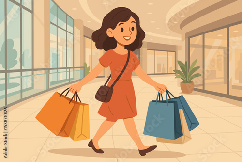 Happy woman walking with shopping bags in a modern mall. Vector illustration of a cheerful customer on a shopping spree. Concept of retail, consumerism, sales, and lifestyle.