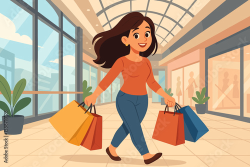 Happy woman with shopping bags walking in a mall. Cheerful female character enjoying a shopping spree. Vector illustration for retail, consumerism, sale, Black Friday, and lifestyle.