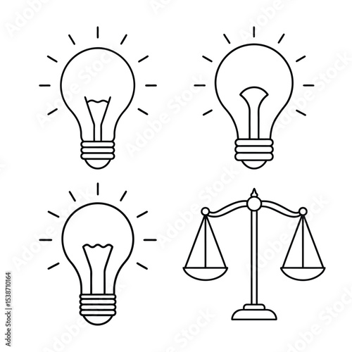 Vector illustration of lightbulbs and scales depicting ideas and justice concepts