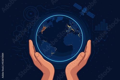 Hands holding planet Earth with futuristic technology interface. Global communication concept with satellite, big data analytics, and network connections. Innovation for business & science.