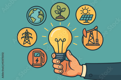 Renewable energy vs fossil fuels concept. Businessman hand holds lightbulb idea surrounded by icons. Solar power, plant, earth vs oil derrick, gas pump. Sustainable innovation vector.