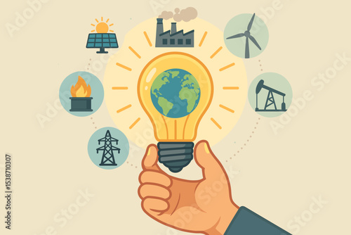 Energy innovation concept with hand holding lightbulb Earth. Renewable vs fossil fuels. Clean green power idea for sustainability. Solar panel, wind turbine, oil, gas, factory icons.