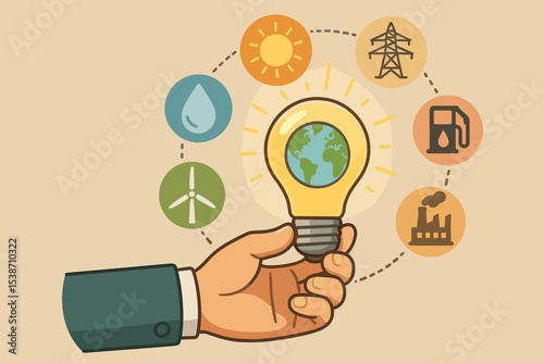 Global energy innovation concept. Hand holding light bulb with planet Earth. Icons of renewable solar, wind, water power vs non-renewable fossil fuel, factory, electricity grid.