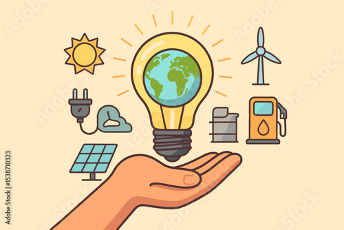 Energy sources concept. Hand holds lightbulb with planet Earth. Renewable green energy like solar and wind power versus fossil fuels. Environment care and sustainability vector.