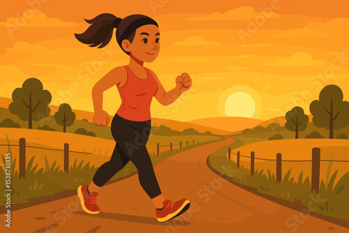 Woman jogging on a country road at sunset or sunrise. Vector concept of healthy lifestyle, fitness, exercise, outdoor activity. Female runner training in nature for wellness.