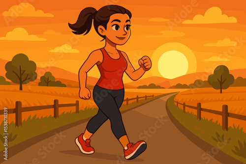 Cartoon woman walking on a country road at sunset. Concept of exercise, fitness, and healthy lifestyle. Active female character strolling outdoors in a beautiful rural landscape.