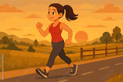 Woman walking exercise concept. Healthy lifestyle. Girl jogging at sunset. Young character strolling on country road. Outdoor fitness and cardio workout. Wellness. Cartoon vector.